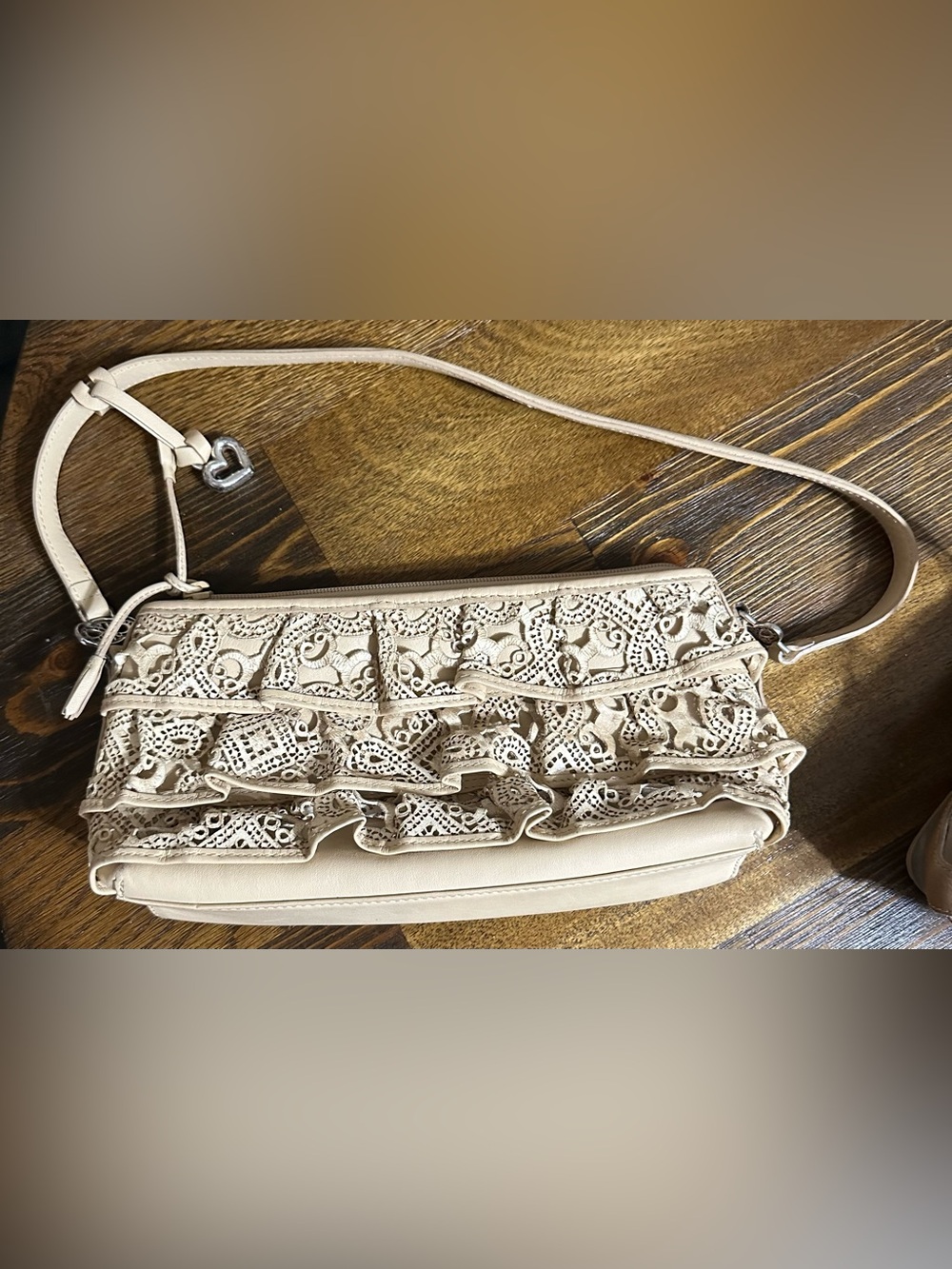 Brighton Beige Lace Ruffle Crossbody Bag. Like new. No signs of wear.